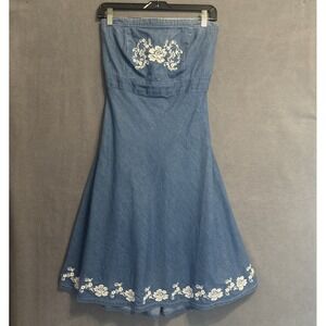 Y2K Denim Midi Dress Floral Embroidered Coastal Cowgirl Country Cottage